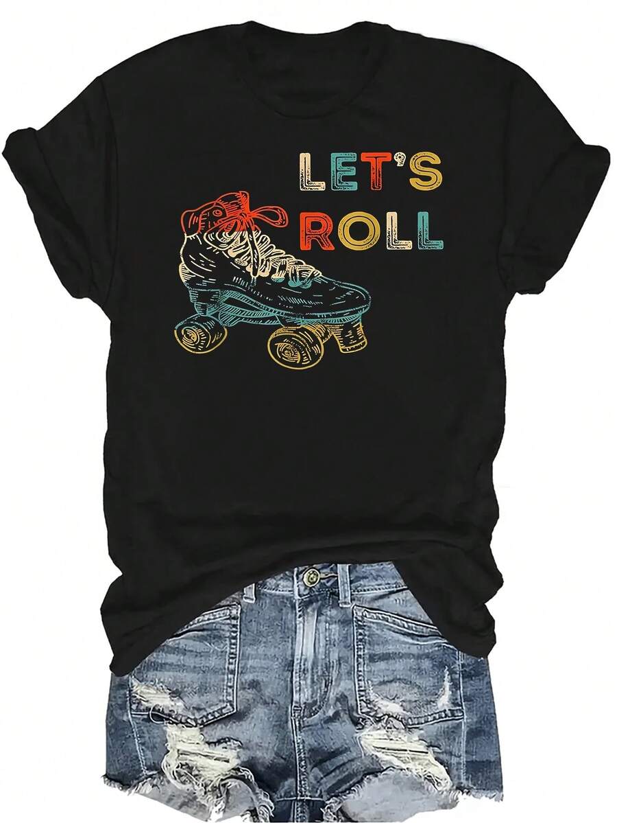 Camiseta vintage de patinaje sobre ruedas "Let's Roll" de estilo retro de los años 70 y 80 para mujeres y unisex, de verano, casual, transpirable, de cuello redondo, de manga corta, de estilo callejero y versátil, adecuada para adolescentes y adultos - Negro - Ver 1