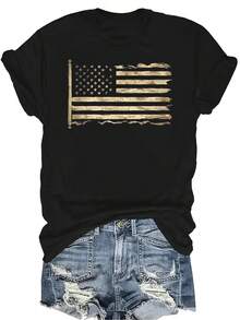 Camiseta con estampado de bandera retro para mujer y unisex, de verano, casual, transpirable y de personalidad, con cuello redondo y manga corta, para uso versátil, adecuada para adolescentes y adultos - Negro - Ver 1