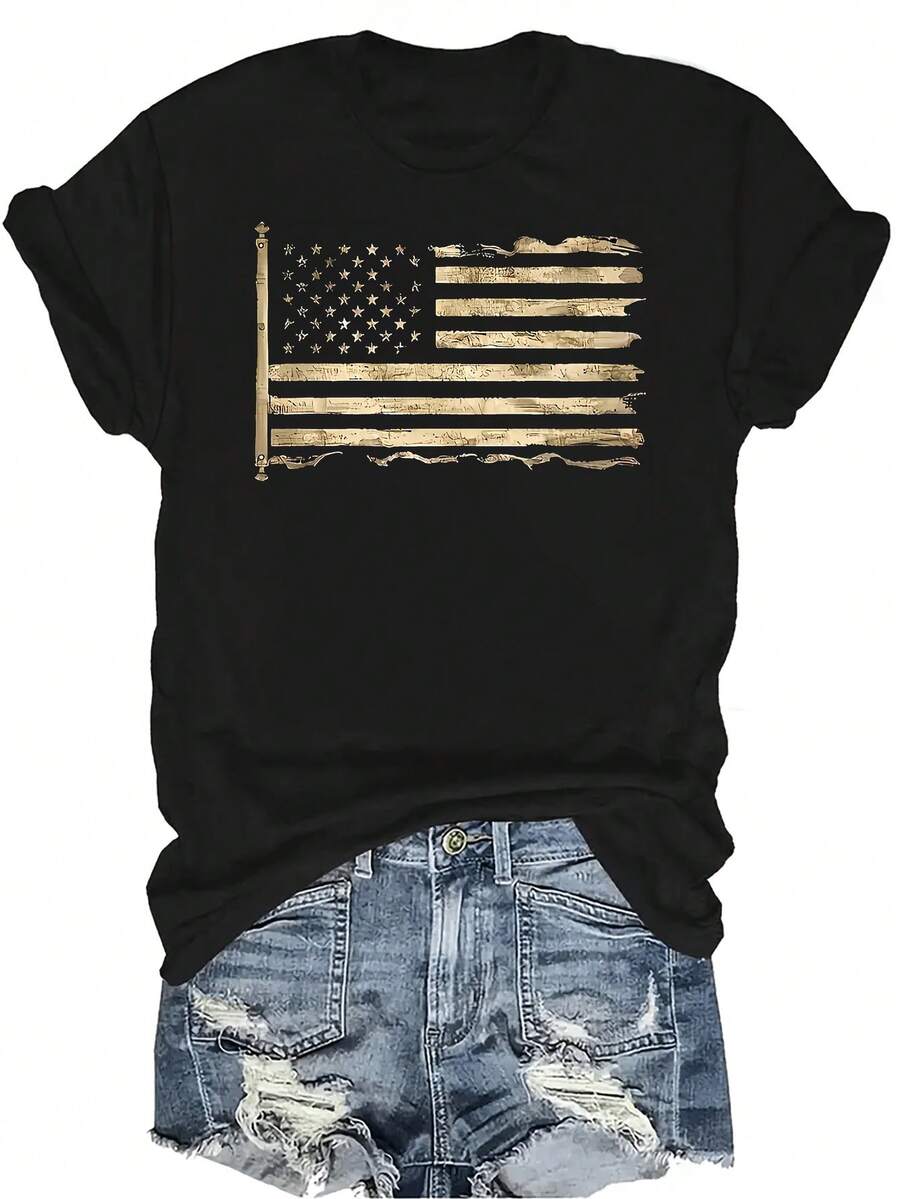 Camiseta con estampado de bandera retro para mujer y unisex, de verano, casual, transpirable y de personalidad, con cuello redondo y manga corta, para uso versátil, adecuada para adolescentes y adultos - Negro - Ver 1