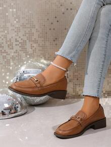 Solid Color Pure Metal Preppy Style Office High Heel Shoes, Non-Slip Thick Heel Square Toe Shoes, Simple Fashionable Sexy Comfortable Low Price Casual Loafers, Country Outdoor Ladies High Heel Shoes, Dance Shoes, Fashion Shoes