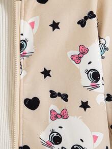 女童休闲户外时尚印花卡通图案常规版型拉链连帽抓绒外套，秋冬季带保暖内衬 - 卡其色 - 查看 6