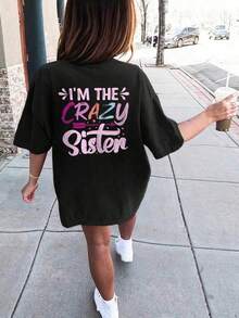 少女休闲印花黑色圆领短袖T恤，夏季上衣 - 黑色 - 查看 1