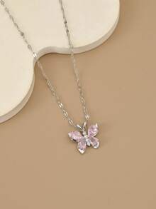 1 件时尚方晶锆石蝴蝶不锈钢项链，适合女性日常佩戴，女士银色珠宝项链，高品质镀铂金项链，女士珠宝项链，女士配饰 - 銀色 - 查看 2