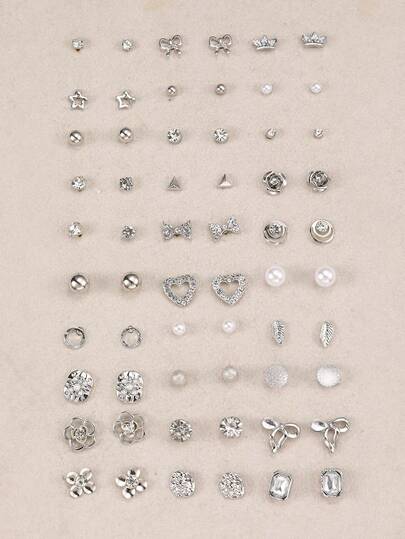 30 Pairs/Set Girls Silver Pearl Bow, Star, Flower, Geometric, Crown Stud Earrings Jewelry Set, Suitable For Daily Decoration