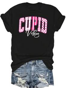 Camiseta de Valentín con vibes de Cupido para mujer y unisex, de verano, casual, transpirable, de personalidad, cuello redondo, manga corta, ropa de calle, versátil, adecuada para adolescentes y adultos - Negro - Ver 1