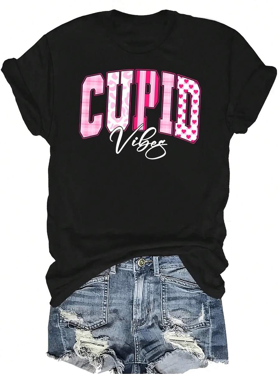 Camiseta de Valentín con vibes de Cupido para mujer y unisex, de verano, casual, transpirable, de personalidad, cuello redondo, manga corta, ropa de calle, versátil, adecuada para adolescentes y adultos - Negro - Ver 1