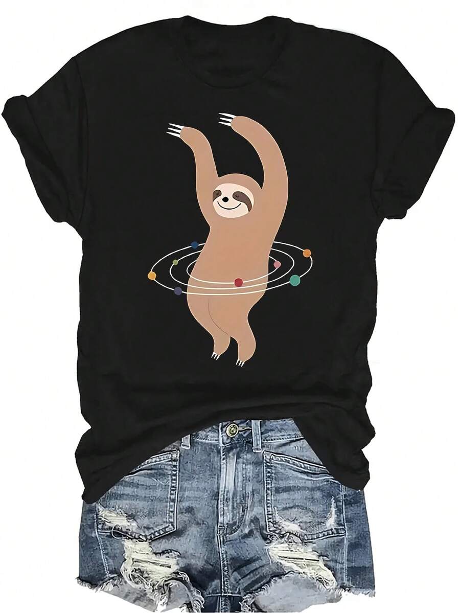 Camiseta con estampado de perezoso y planeta para mujer y unisex, de verano, casual, transpirable, de personalidad, cuello redondo, manga corta, ropa de calle, versátil, adecuada para adolescentes y adultos - Negro - Ver 1
