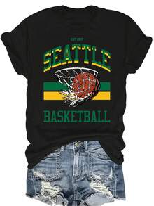Camiseta de baloncesto de Seattle para mujer, unisex, de verano, casual, transpirable, con personalidad, cuello redondo, manga corta, ropa de calle, versátil, adecuada para adolescentes y adultos - Negro - Ver 1