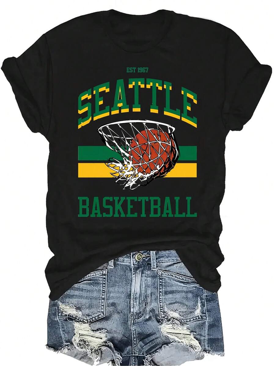 Camiseta de baloncesto de Seattle para mujer, unisex, de verano, casual, transpirable, con personalidad, cuello redondo, manga corta, ropa de calle, versátil, adecuada para adolescentes y adultos - Negro - Ver 1