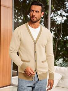 Men's Long Sleeve Button Down Knitted Cardigan Sweater With Pockets, Casual Style - 杏 - 查看 4