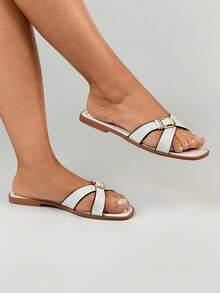 Criss-Cross Leather Flat Square Toe Versatile Travel Vacation Casual Slide Sandals - White - View 3