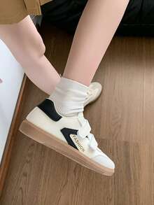 女士新款时尚休闲运动鞋，PU 拼接魔术贴运动鞋低帮系带平底跑步鞋 - 米色 - 查看 3