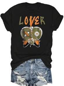 Camiseta con estampado de letra "Loser" para mujer y unisex, de verano, casual, transpirable, de personalidad, cuello redondo, manga corta, ropa de calle, versátil, adecuada para adolescentes y adultos - Negro - Ver 1