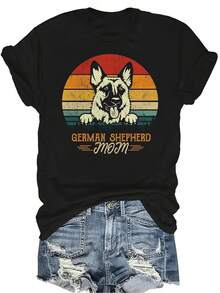 Camiseta de Mamá Pastor Alemán para Mujeres Unisex, Casual de Verano, Transpirable, de Cuello Redondo, de Manga Corta, Estilo Urbano Versátil, Adecuada para Adolescentes y Adultos - Negro - Ver 1
