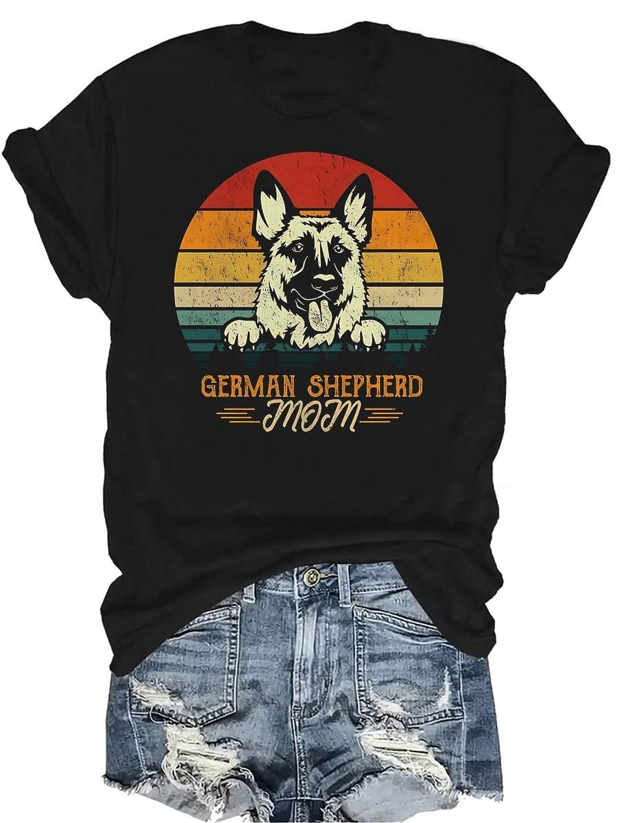 Camiseta de Mamá Pastor Alemán para Mujeres Unisex, Casual de Verano, Transpirable, de Cuello Redondo, de Manga Corta, Estilo Urbano Versátil, Adecuada para Adolescentes y Adultos - Negro - Ver 1