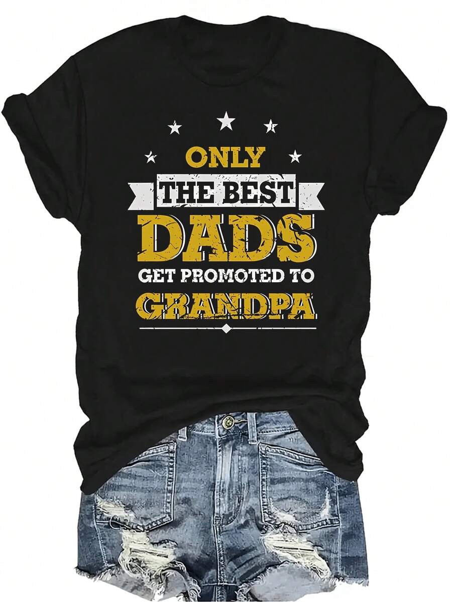 Camiseta "El mejor papá ascendido a abuelo" para mujeres y unisex, de verano, casual, transpirable, con personalidad, cuello redondo, manga corta, ropa de calle, versátil, adecuada para adolescentes y adultos - Negro - Ver 1