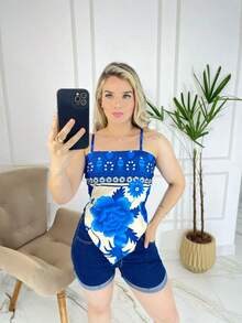 "Women's Scarf Blouse With Thin Straps, Tropical Print – Modern And Stylish" Asymmetrical Knot, Backless, Beach Holidays. - 藍圖 - 查看 1