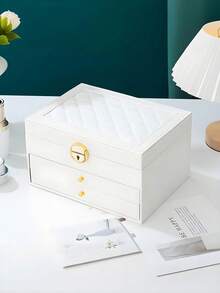 1pc Luxury Diamond Pattern Lockable 3/2/1 Compartment Jewelry Box, Multilayer Jewelry Box With Lock, Jewelry Storage Box, Earring & Jewelry Organizer, Vanity, Bedroom Accessory, Home Organization & Storage, Room Decor, Gift For Women