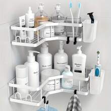 2件套免钻孔不锈钢三角双层置物架，适用于浴室、阳台、厨房角落储物，节省空间设计，淋浴架，免钻孔浴室收纳架。免钻孔淋浴架，免钻孔洗发水架。免钻孔浴室置物架，带4个可拆卸挂钩。淋浴架，夏季家居浴室装饰 - 彩色 - 查看 17