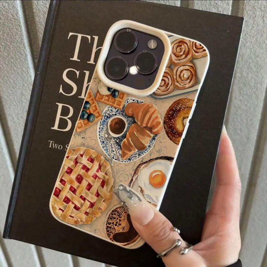 1pc TPU Material Autumn Delicious Harvest Bread, Cherry Pie, Coffee Breakfast Pattern Phone Case Compatible With IPhone, International Version,  Not The Domestic Version - White - View 1