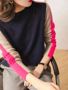 Women's Elegant Warm Knit Pullover Top, Versatile Color Block Long Sleeve, Suitable For Spring, Autumn, Winter - Hot Pink - View 3