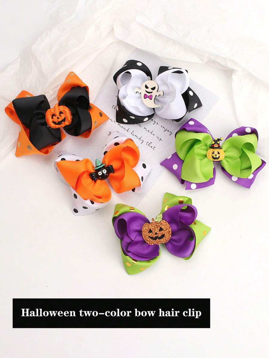 1pc Halloween Kids Dual-Color Bow Hair Clip, Cute Party Decor Prop Headpiece, Creative Polka Dot Pumpkin Hair Accessory, Festive Decorative Item