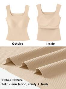 Women's Built-In Bra Tank Top Ribbed Slim Fit Wirefree Shelf Padded Tank Shirts Wide-Strap Square Neck Undershirt - Khaki - View 6