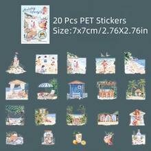 20 piezas Pegatinas de PET de la serie de estilo de vida festivo, pegatinas decorativas de PET, material básico creativo, pegatinas decorativas impermeables, ideales para manualidades de scrapbooking, suministros de diario, tabletas, teléfonos, fotos y artesanía, tarjetas (viaje, paseo por la ciudad, estancia en casa, campamento en el bosque, el mar, campos del campo)