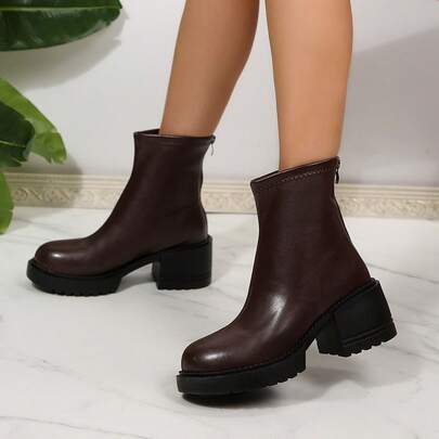 Botas de moda de tacón grueso corto, nuevas para otoño/invierno 2024. Botas de piel de PU con cremallera trasera, comercio transfronterizo