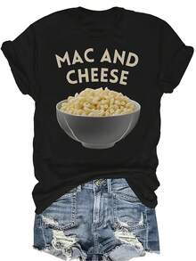 Camiseta con estampado de macarrones con queso para mujeres y unisex, de verano, casual, transpirable, de personalidad, cuello redondo, manga corta, ropa de calle, versátil, adecuada para adolescentes y adultos - Negro - Ver 1