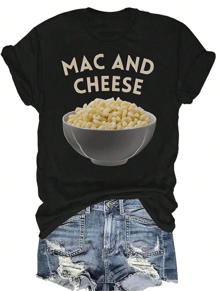 Camiseta con estampado de macarrones con queso para mujeres y unisex, de verano, casual, transpirable, de personalidad, cuello redondo, manga corta, ropa de calle, versátil, adecuada para adolescentes y adultos - Negro - Ver 1