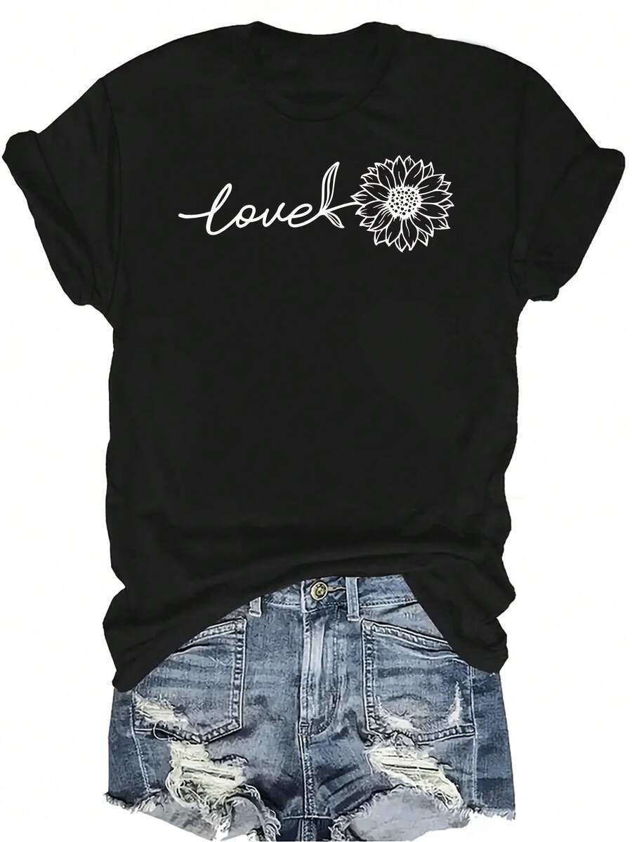 Camiseta de mujer con diseño de girasol, unisex, de verano, casual, transpirable, con personalidad, cuello redondo, manga corta, ropa de calle, versátil, adecuada para adolescentes y adultos - Negro - Ver 1