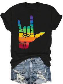 Camiseta con diseño de lenguaje de señas "Te amo" LGBTQ ASL Orgullo Gay para mujeres y unisex, de verano, casual, transpirable, de personalidad, cuello redondo, manga corta, ropa urbana, versátil, adecuada para adolescentes y adultos - Negro - Ver 1