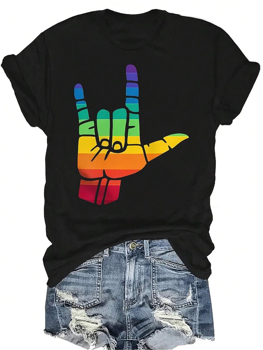Camiseta con diseño de lenguaje de señas "Te amo" LGBTQ ASL Orgullo Gay para mujeres y unisex, de verano, casual, transpirable, de personalidad, cuello redondo, manga corta, ropa urbana, versátil, adecuada para adolescentes y adultos - Negro - Ver 1