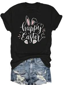 Camiseta de Pascua Feliz Mujer Unisex Verano Casual Transpirable Personalidad Cuello Redondo Manga Corta Camiseta Ropa de Calle Versátil, Adecuada para Adolescentes y Adultos - Negro - Ver 1