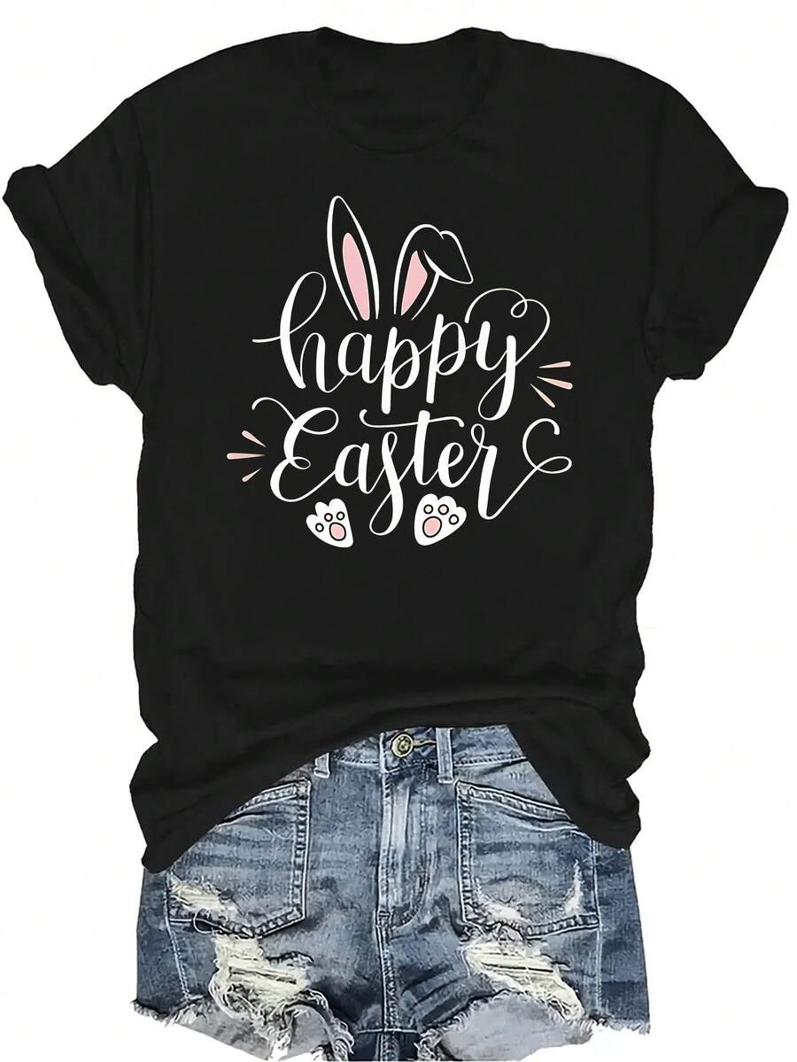Camiseta de Pascua Feliz Mujer Unisex Verano Casual Transpirable Personalidad Cuello Redondo Manga Corta Camiseta Ropa de Calle Versátil, Adecuada para Adolescentes y Adultos - Negro - Ver 1