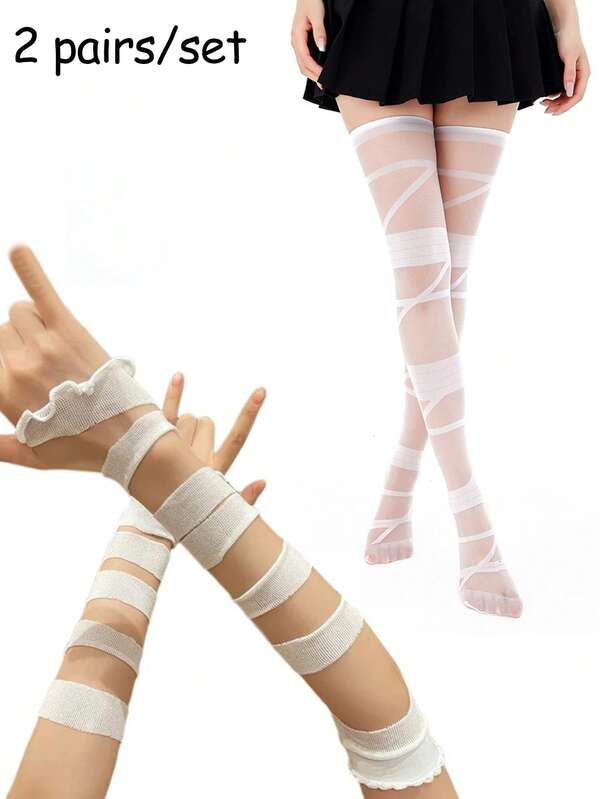 زوجان من قفازات وجوارب حريرية شفافة رفيعة جدًا وأنيقة، أكمام ربطة حريرية شفافة، ملابس نسائية للعب الأدوار، إكسسوارات حفلات، مناسبة لحفلات الكرنفال والمهرجانات الموسيقية