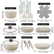 Ensemble de 16 pièces d'ustensiles de cuisine blancs avec poignées amovibles - Casserole et poêle antiadhésives, ustensiles en silicone, dessous de plat en feutre, équipement de cuisine complet