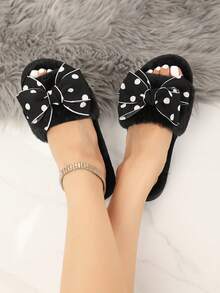 2025 New Arrival Women's Faux Fur Bling-Bling Bow & Rhinestone Decor Open Toe Comfortable Indoor Slippers, Sexy & Fashionable, Suitable For Spring, Summer, Autumn, Winter - Black - View 3