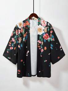 Retro Japanese Style Loose Floral Print Kimono Cover Up, Versatile Romantic Beach Cover-Up, Lightweight Summer Vacation Robe - Black - View 10