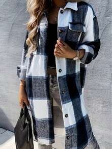 Plus Size Plaid Mid-Length Shirt, Collar, Long Drop Shoulder Sleeve, Button Front Pocket, Woven Fabric, Non-Stretch Denim Plus Size Plaid Jacket