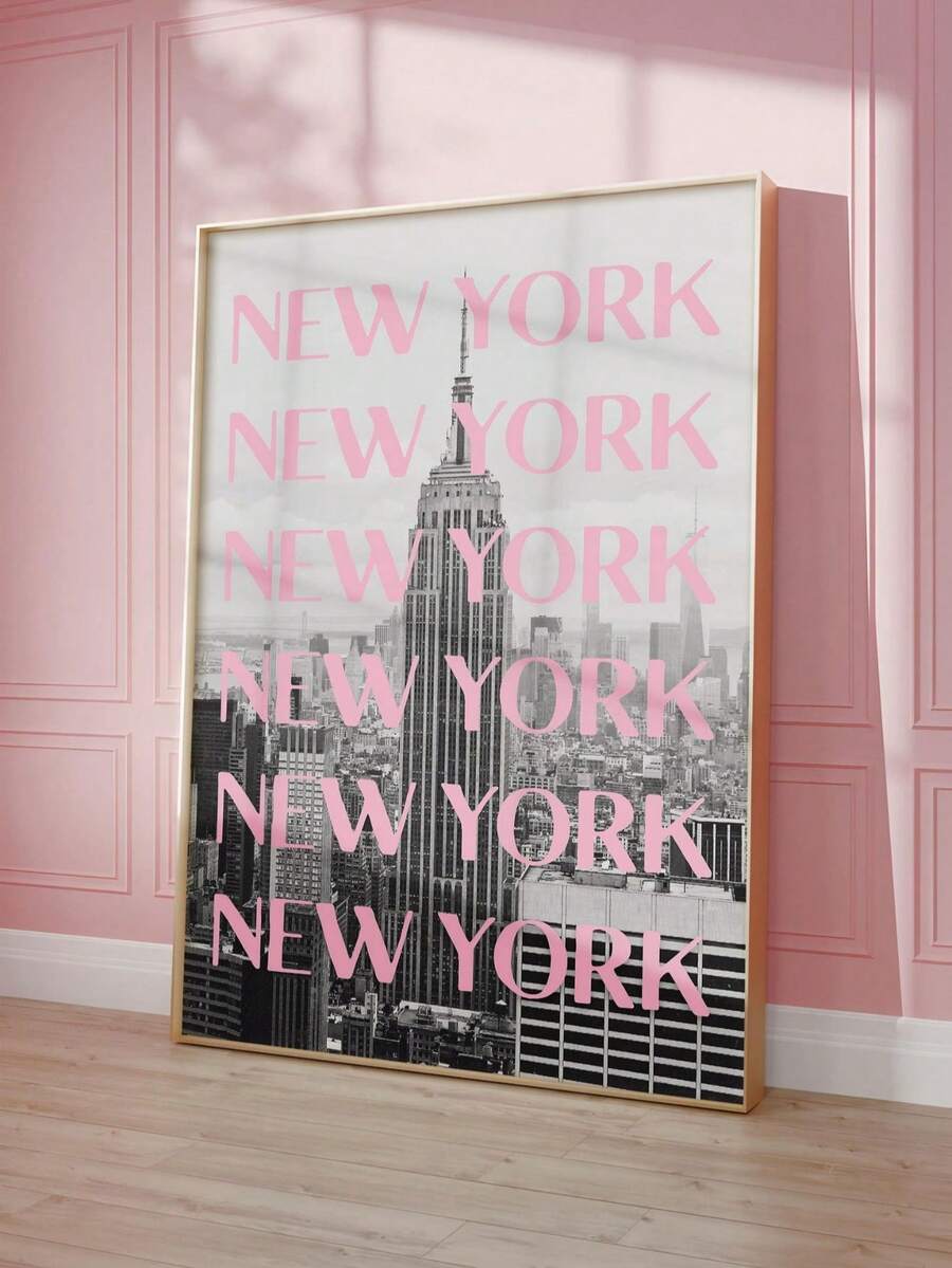 1 szt. bezramkowy plakat z Nowym Jorkiem w kolorze różowo-czarno-białym, wydruk z panoramą Nowego Jorku, Empire State Building w stylu vintage, dziewczęca dekoracja ścienna w stylu retro do sypialni, akademika, mieszkania, dekoracja na imprezę i wybór prezentu, plakaty z pejzażami miejskimi, dekoracja sypialni, niezbędne elementy akademika, wystrój w miejskiej estetyce, sztuka ścienna o tematyce podróżniczej