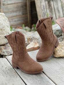 1 双 2025 新款西部牛仔复古短靴，尖头刺绣马靴，粗跟时尚百搭靴 - 棕色 - 查看 5