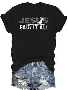 Camiseta de manga corta con estampado de letra de Jesús, casual y creativa para hombres y mujeres, de cuello redondo, transpirable y versátil, adecuada para adolescentes y adultos - Negro - Ver 1