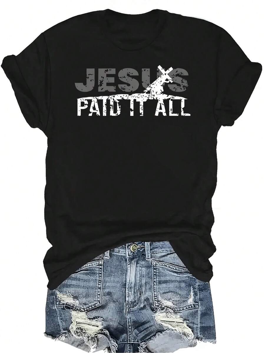 Camiseta de manga corta con estampado de letra de Jesús, casual y creativa para hombres y mujeres, de cuello redondo, transpirable y versátil, adecuada para adolescentes y adultos - Negro - Ver 1