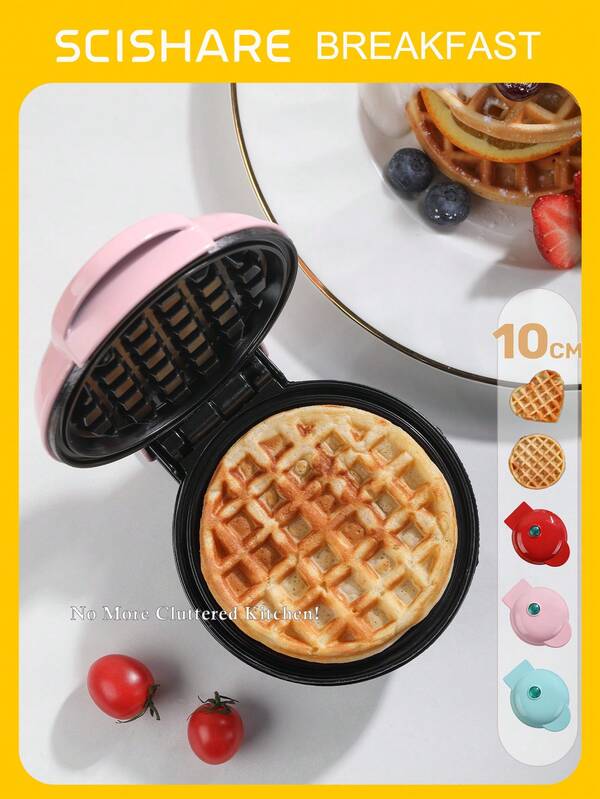 SCISHARE 1 pezzo Piastra per waffle mini da 350W 10cm, rivestimento antiaderente a base d'acqua, piastre a forma rotonda e a cuore, design compatto e portatile, copertura rossa/rosa/blu, cavo di alimentazione da 70cm - riscaldamento rapido, preriscaldamento in 2 min, cottura in 3-5 min; facile da pulire, perfetto per colazione, bambini, viaggi e cucine piccole