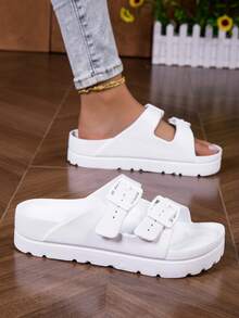 女士家居拖鞋、室内拖鞋、水鞋、浴室拖鞋、卧室拖鞋、平底拖鞋、轻便情侣厚底拖鞋 - 白色 - 查看 4