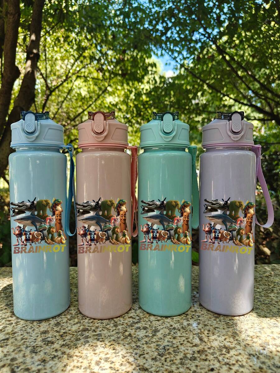 1Pc Shanhaijing 800ml/27oz Leakproof Pop-Top Water Bottle Lightweight And Durable Plastic Cute Cartoon Design Suitable For Fitness Running And Basketball Portable And Stylish Gift Birthday Mother's Day And Graduation Sports Hydration Equipment (Some Parts May Be Random)