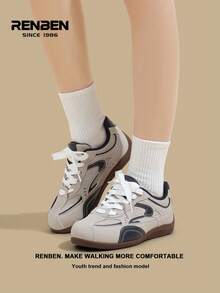 RENBEN 1 par de zapatillas retro de mujer en color gris, con cordones delanteros y bloques de color, nuevas zapatillas de plataforma versátiles y de moda de nicho para primavera/otoño 2025