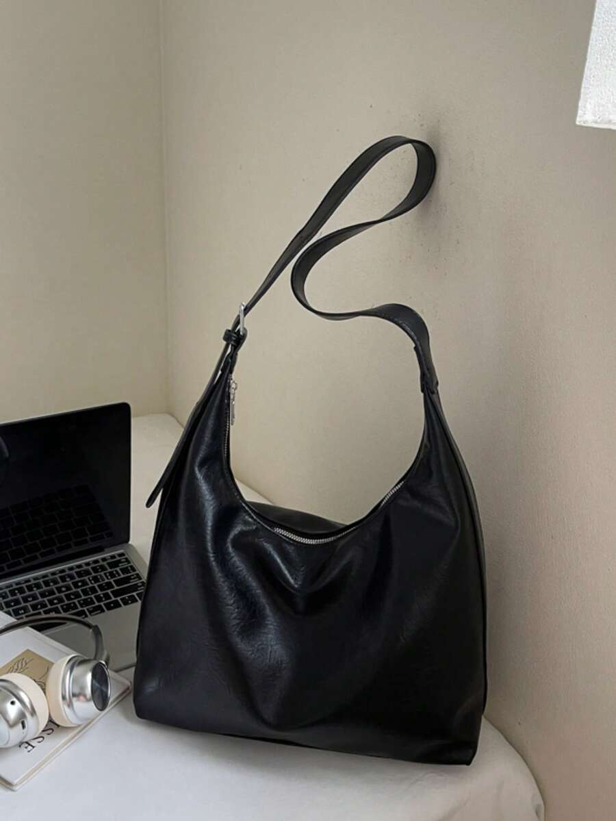 2025 Autumn/Winter New Vintage Shoulder Bag, Crescent Moon Bag, Matte Tote Bag, Large Capacity Crossbody Casual Hobo Bag, Adjustable Shoulder Strap, Crossbody Bag For Women, Versatile Commuter Bag - Black - View 1